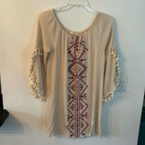 Cream and garnet off the shoulder flowery dress, mid thigh with tassel sleeves